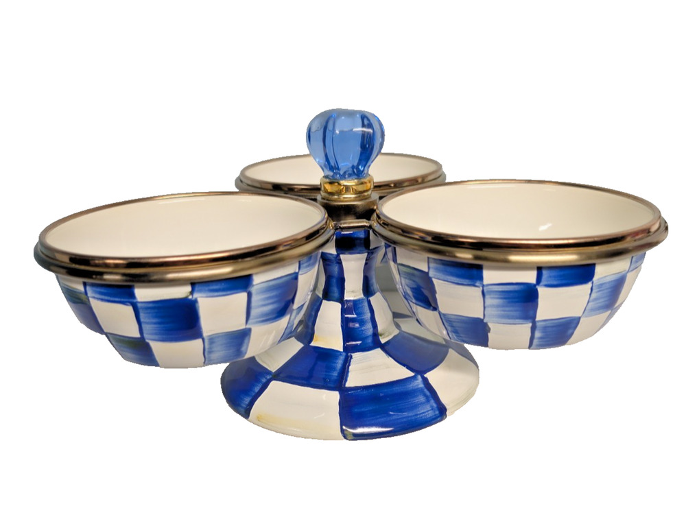 MacKenzie-Childs Blue Royal Check Triplicity Pinch Bowls Stand Party Picnic